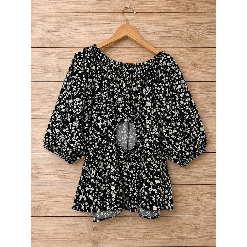 Old Navy Women's 3X Black White Floral Puff Sleeve Peplum Blouse Plus Size